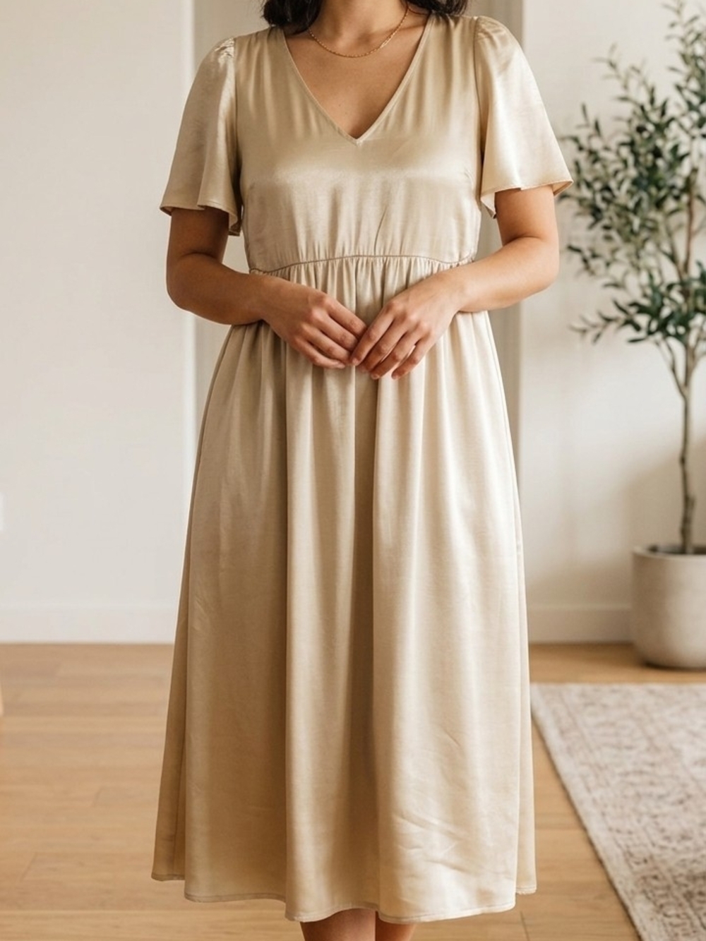Madewell Champagne Satin V-Neck Midi Dress